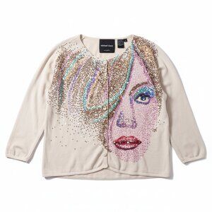Michael Simon Sweater Medium Cardigan Sequins Face Model Twiggy Art